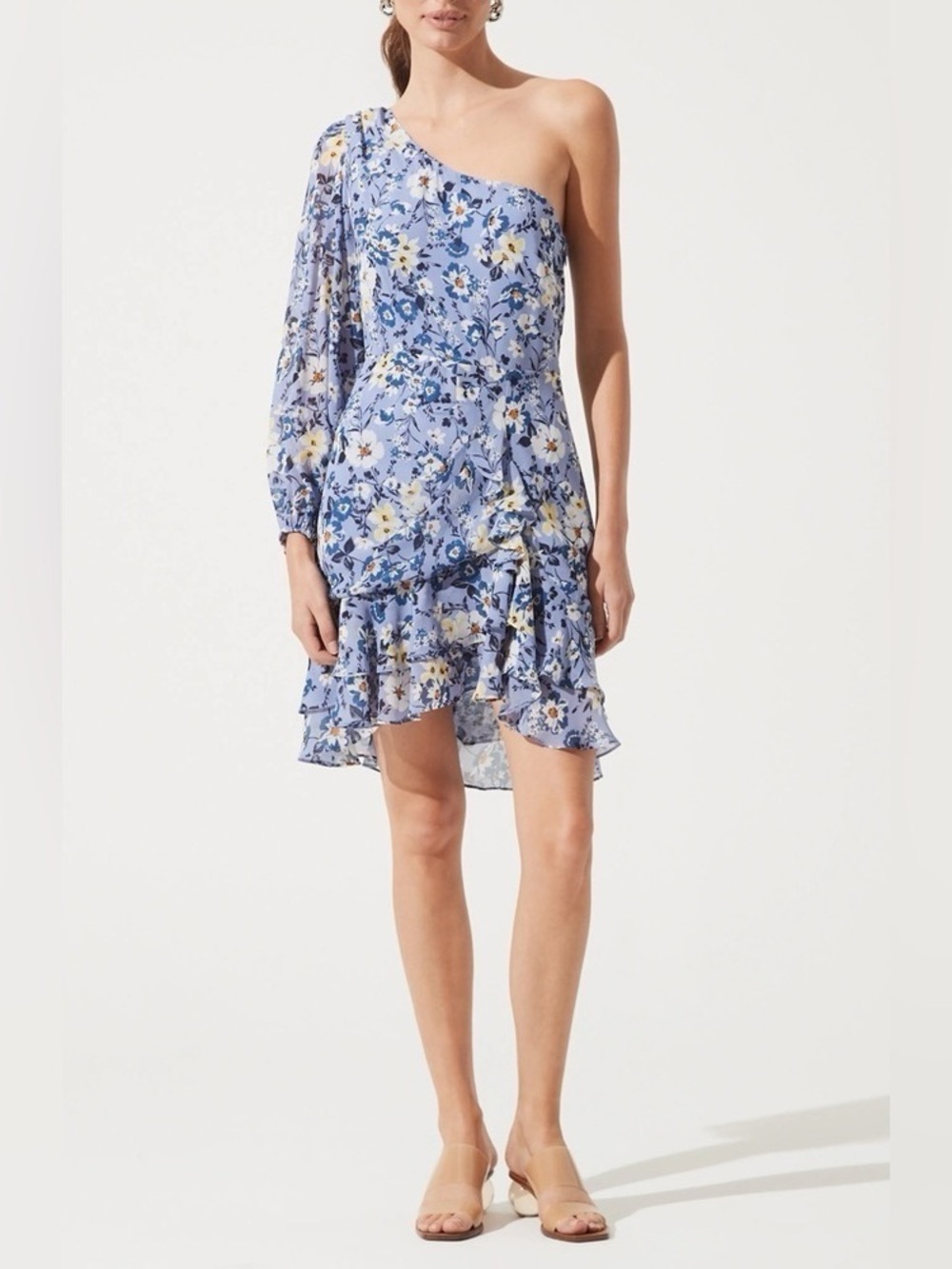 Astr One-Shoulder Blue Floral Ruffle Dress